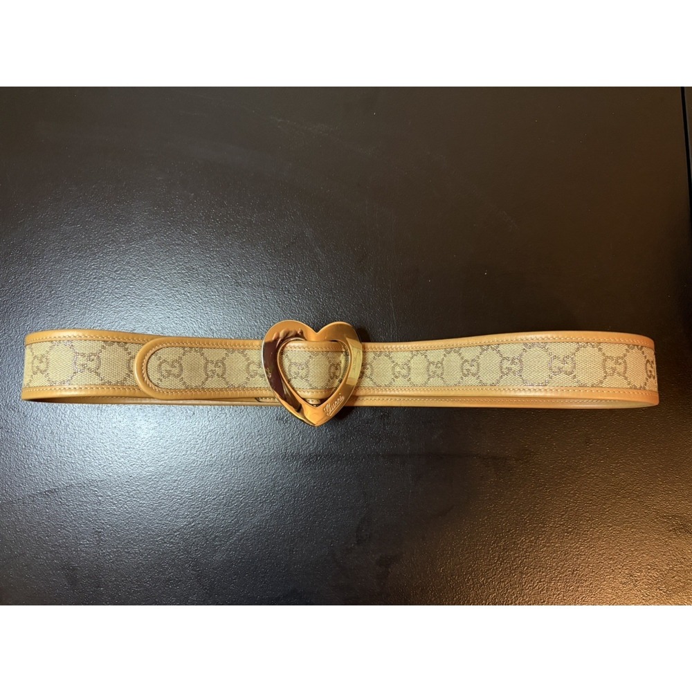 GUCCI Heart Belt Lovely Heart Buckle locking Leather GG Canvas Brown 90/36 - Picture 3 of 9
